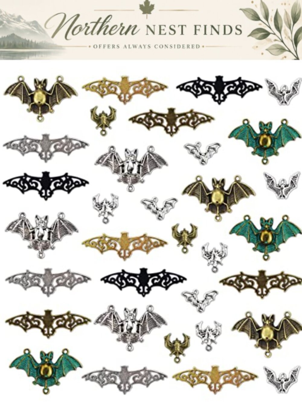 33pc Bat Charm Set Mixed Halloween Spooky Flying Vampire Bat Connector Charms